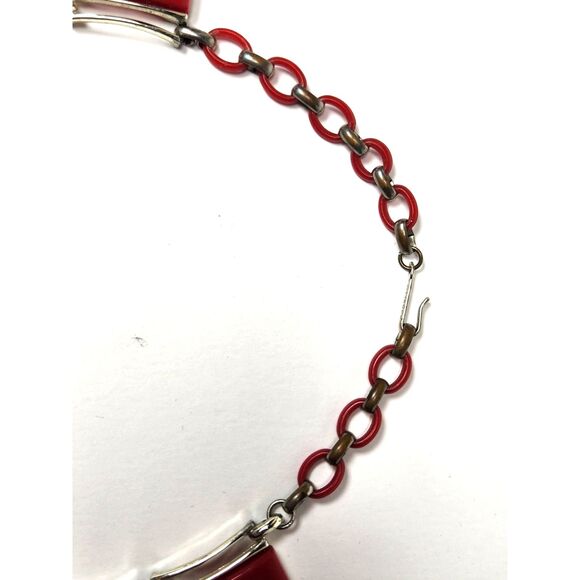 Vintage Lisner Red Thermoset Necklace Silver Tone Retro Statement Choker - Picture 3 of 7